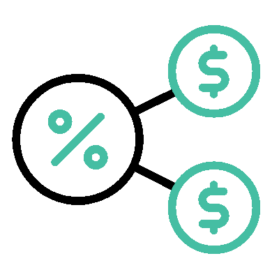 A black percentage symbol connected by lines to two green dollar sign circles, representing financial growth or sharing profits, on a bright purple-pink background. This visual is reminiscent of the strategic insights offered by top CPA firms in Houston.