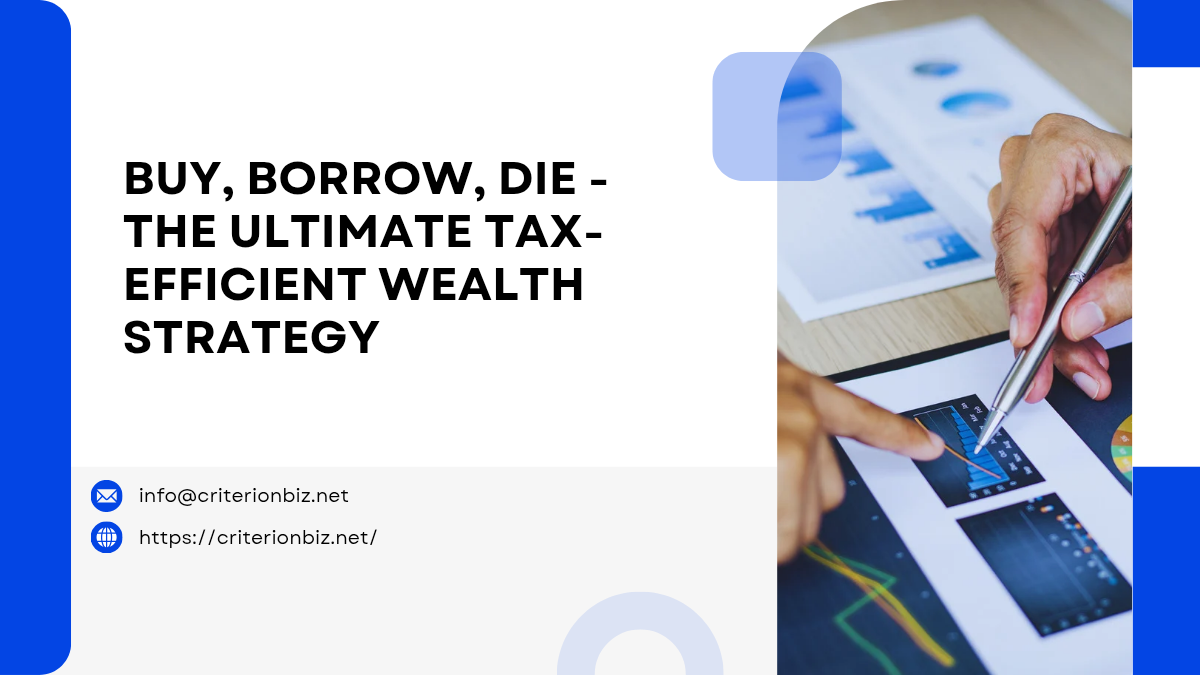 A CPA in Houston demonstrates a tablet with financial graphs. The image text reads Buy, Borrow, Die - The Ultimate Tax-Efficient Wealth Strategy. Contact information, including an email and website, is available for consultation.
